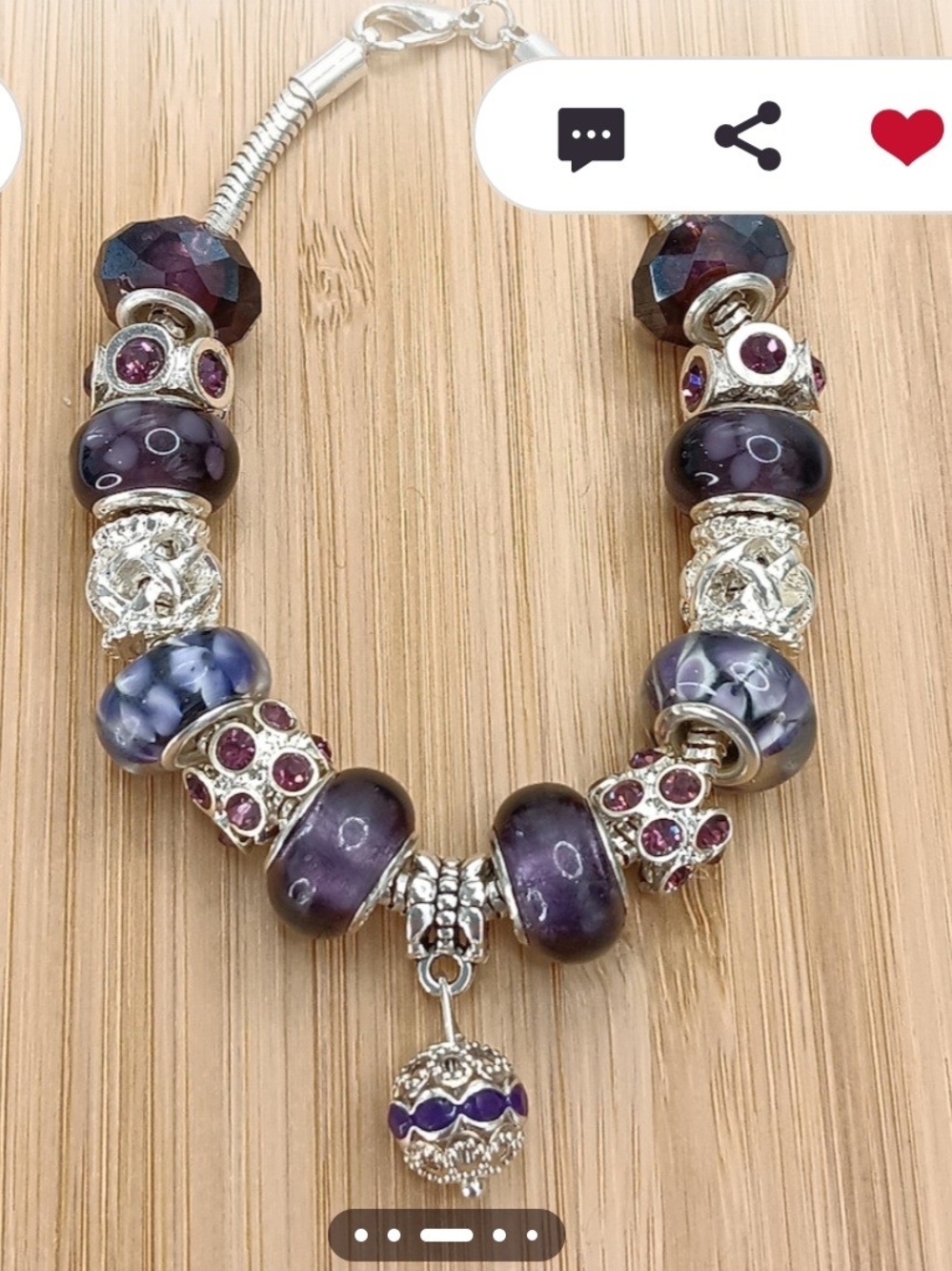 Sterling-Style Purple Murano Glass Charm Bracelet with Silver Accents